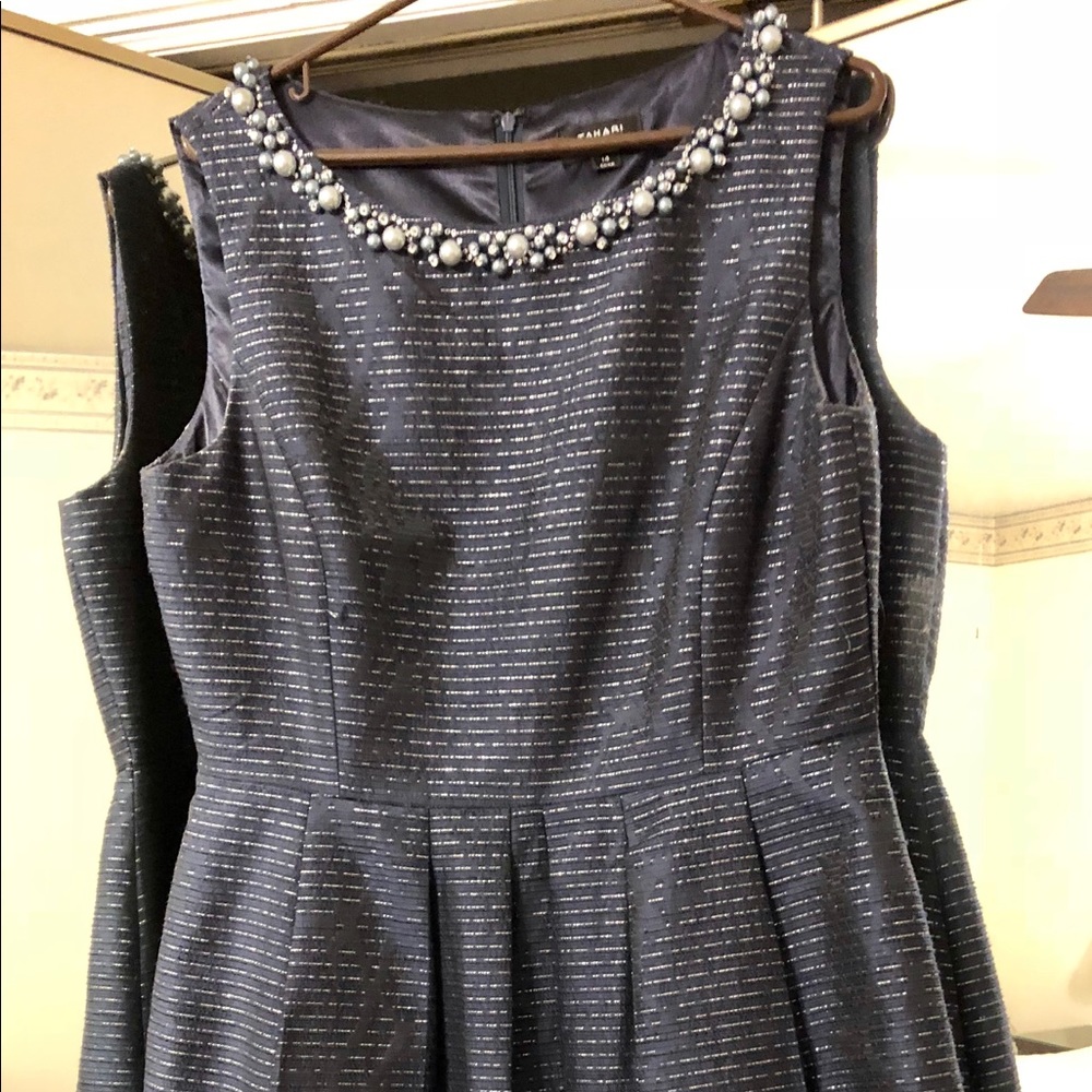 Tahari Embellished Navy Sleeveless Fit-and-Flare Dress